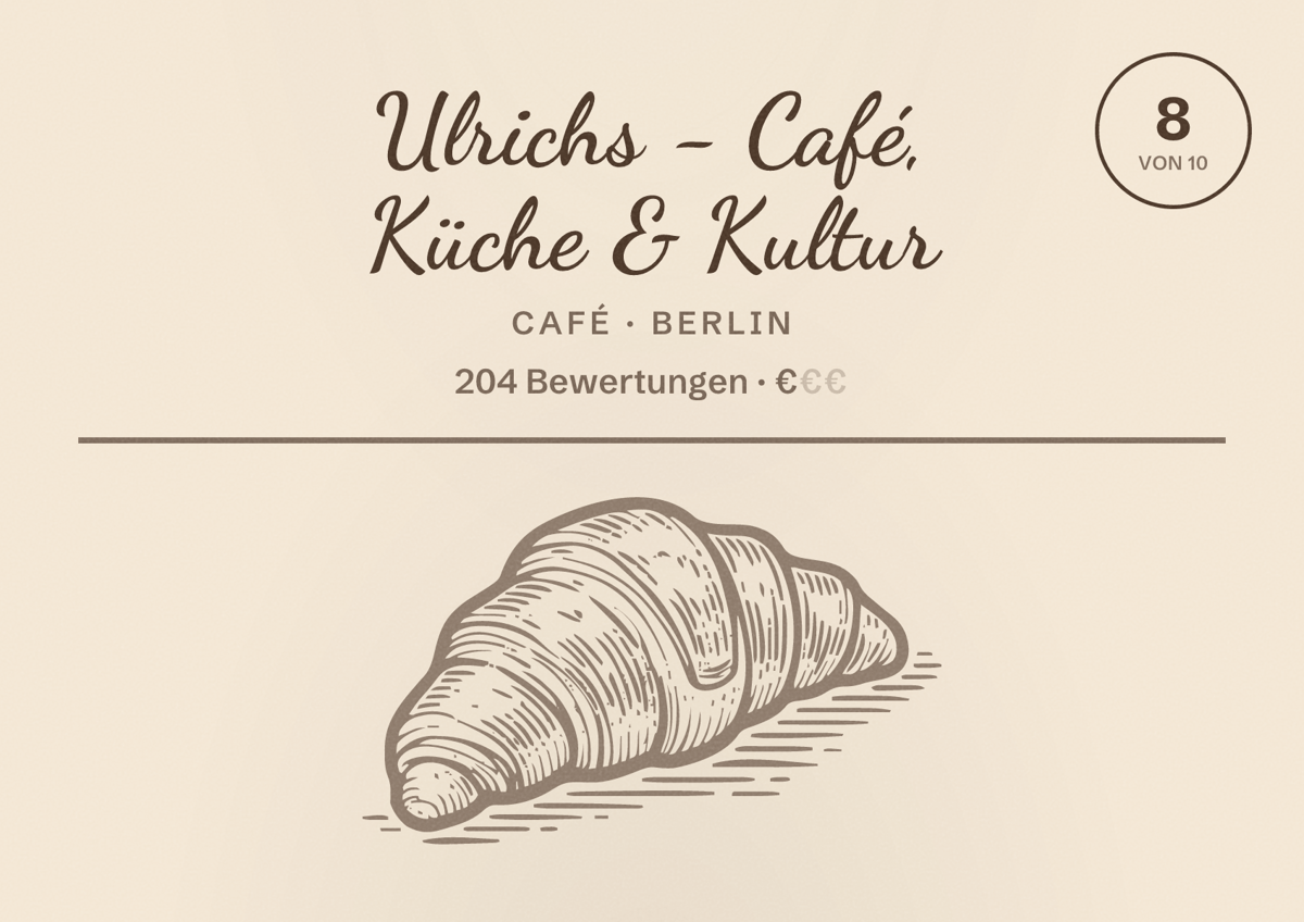 Illustriertes Poster von Ulrichs - Café, Küche & Kultur, Café in Berlin: Bewertung 8 von 10 aus 204 Bewertungen, Preisniveau €