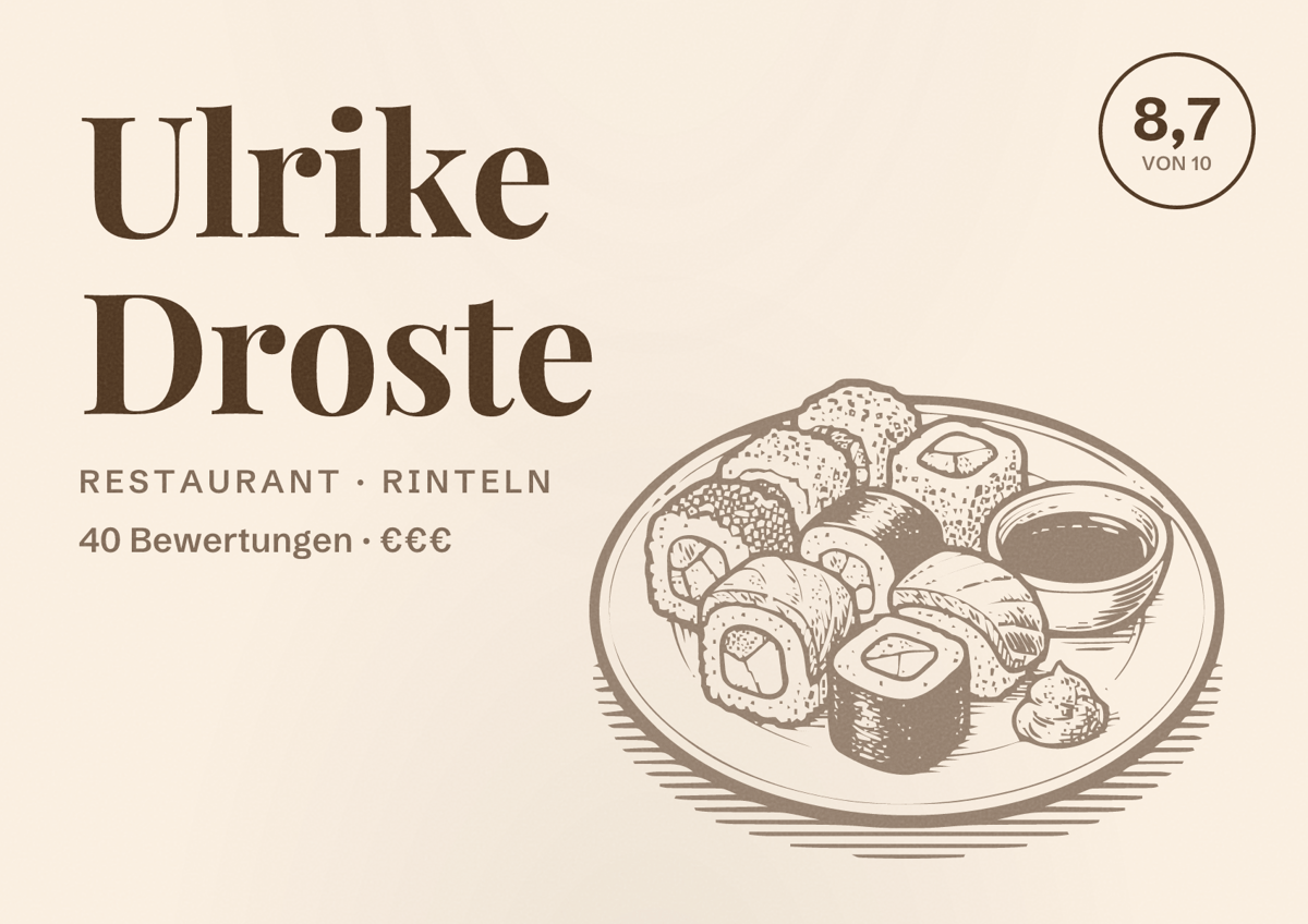 Illustriertes Poster von Ulrike Droste, Restaurant in Rinteln: Bewertung 8,7 von 10 aus 40 Bewertungen, Preisniveau €€€