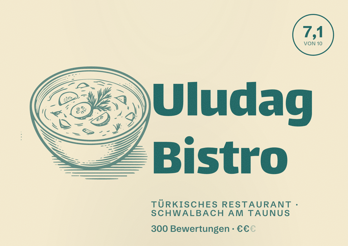 Illustriertes Poster von Uludag Bistro, Türkisches Restaurant in Schwalbach am Taunus: Bewertung 7,1 von 10 aus 300 Bewertungen, Preisniveau €€