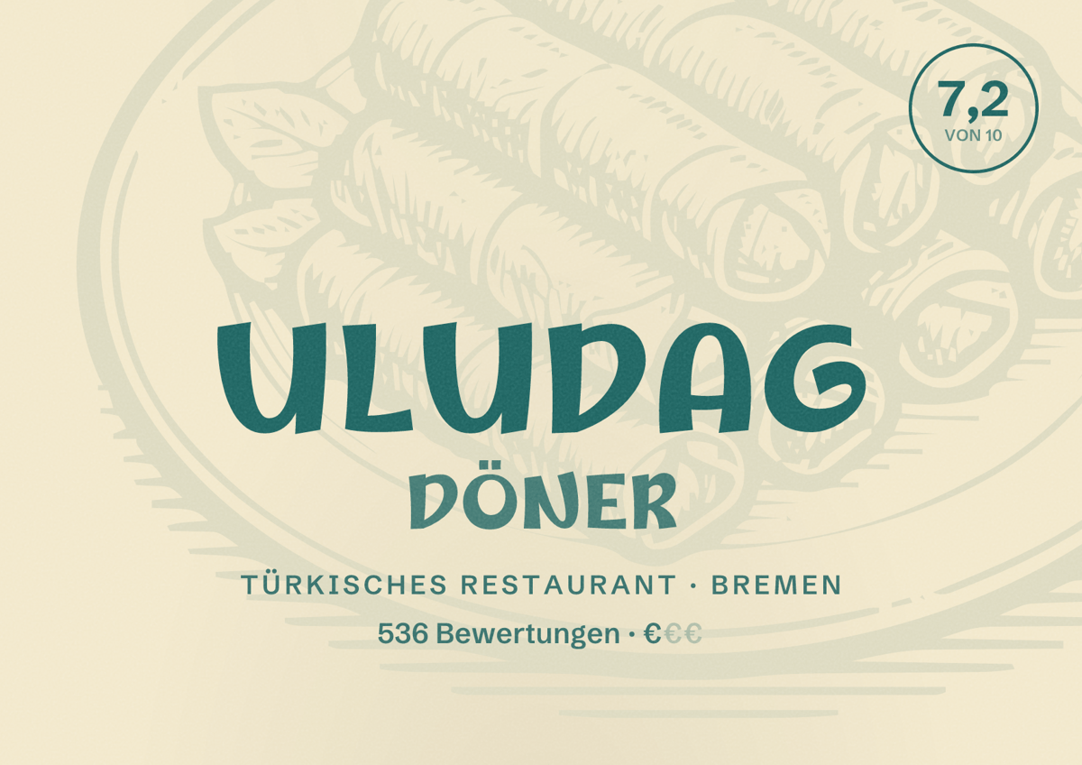 Illustriertes Poster von ULUDAG DÖNER, Türkisches Restaurant in Bremen: Bewertung 7,2 von 10 aus 536 Bewertungen, Preisniveau €