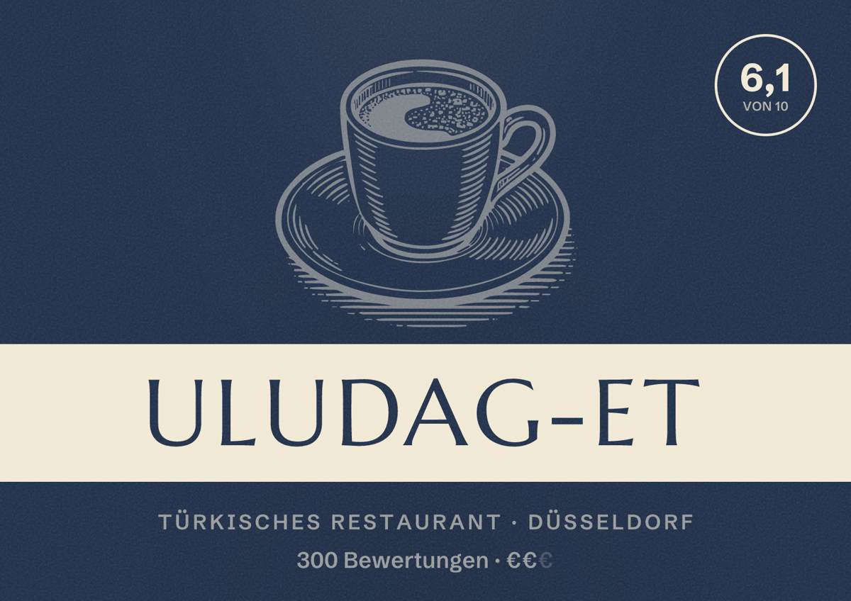 Illustriertes Poster von Uludag-ET, Türkisches Restaurant in Düsseldorf: Bewertung 6,1 von 10 aus 300 Bewertungen, Preisniveau €€