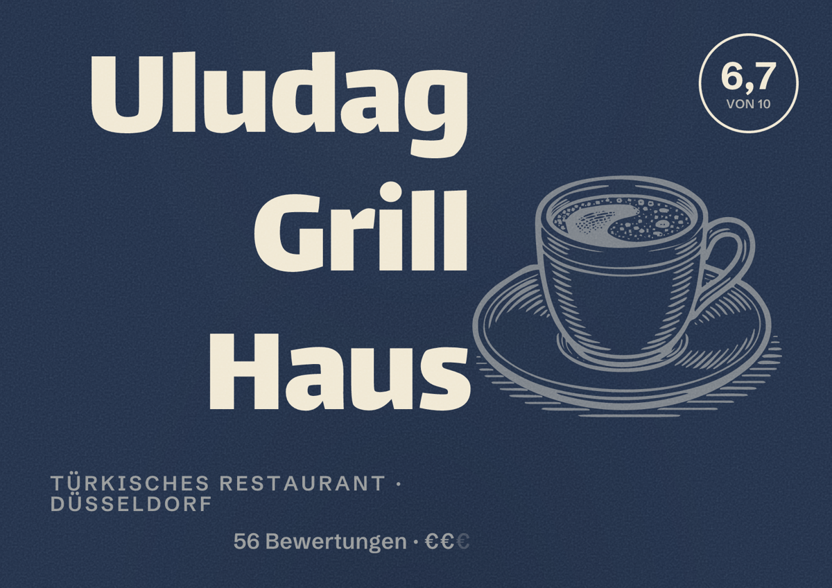 Illustriertes Poster von Uludag Grill Haus, Türkisches Restaurant in Düsseldorf: Bewertung 6,7 von 10 aus 56 Bewertungen, Preisniveau €€