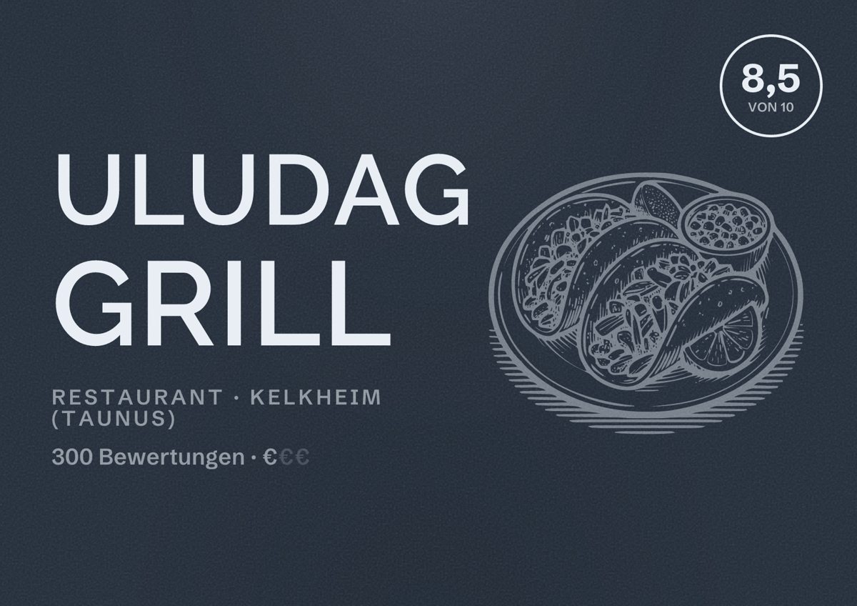 Illustriertes Poster von Uludag Grill, Restaurant in Kelkheim (Taunus): Bewertung 8,5 von 10 aus 300 Bewertungen, Preisniveau €