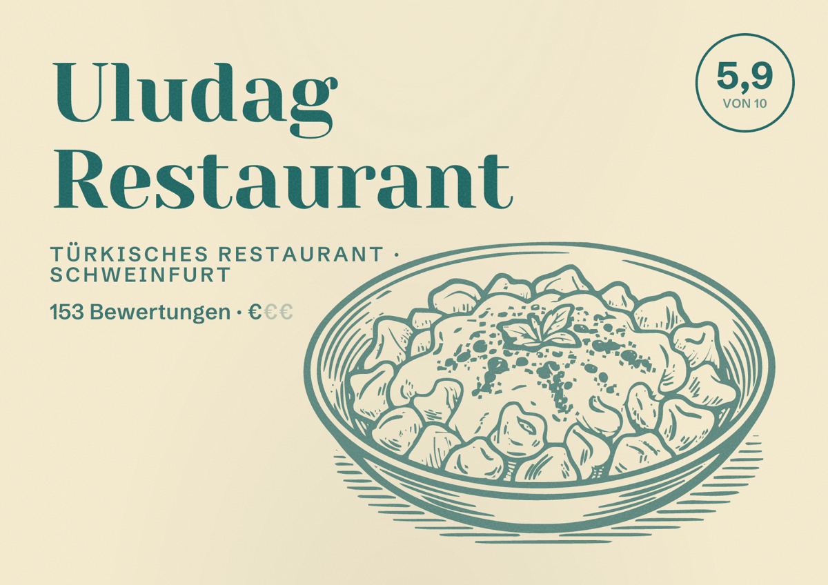 Illustriertes Poster von Uludag Restaurant, Türkisches Restaurant in Schweinfurt: Bewertung 5,9 von 10 aus 153 Bewertungen, Preisniveau €