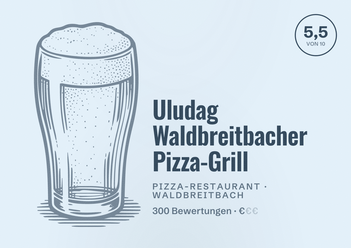 Illustriertes Poster von Uludag Waldbreitbacher Pizza-Grill, Pizza-Restaurant in Waldbreitbach: Bewertung 5,5 von 10 aus 300 Bewertungen, Preisniveau €