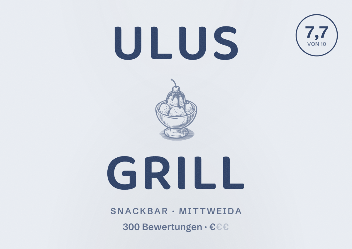 Illustriertes Poster von ULUS GRILL, Snackbar in Mittweida: Bewertung 7,7 von 10 aus 300 Bewertungen, Preisniveau €