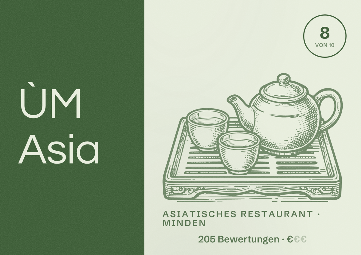 Illustriertes Poster von ÙM Asia, Asiatisches Restaurant in Minden: Bewertung 8 von 10 aus 205 Bewertungen, Preisniveau €