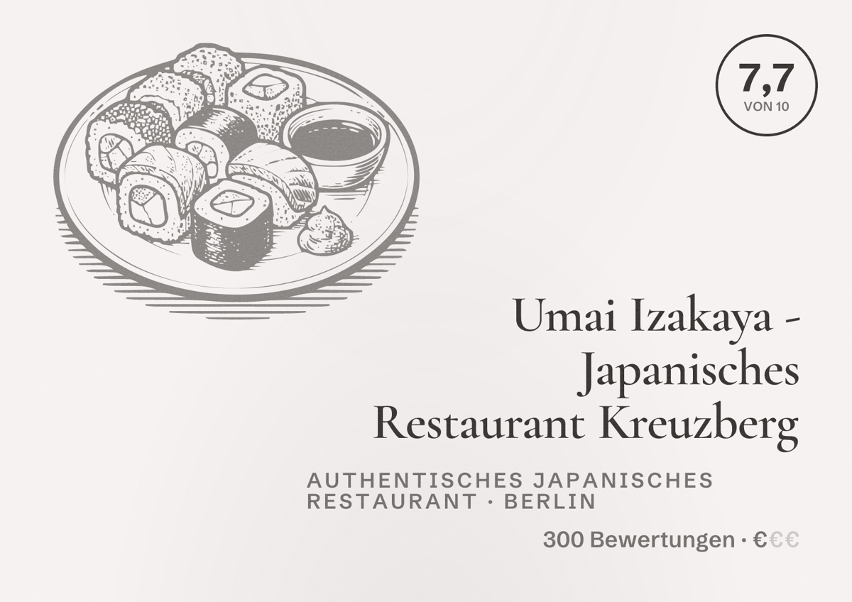 Illustriertes Poster von Umai Izakaya - Japanisches Restaurant Kreuzberg, Authentisches japanisches Restaurant in Berlin: Bewertung 7,7 von 10 aus 300 Bewertungen, Preisniveau €