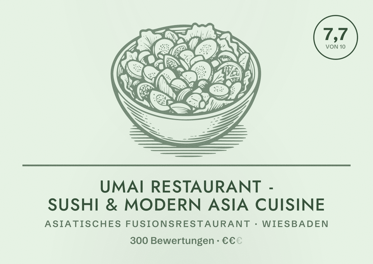 Illustriertes Poster von Umai Restaurant - Sushi & Modern Asia Cuisine, Asiatisches Fusionsrestaurant in Wiesbaden: Bewertung 7,7 von 10 aus 300 Bewertungen, Preisniveau €€
