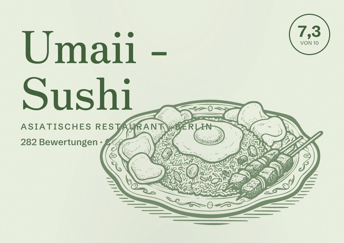 Illustriertes Poster von Umaii - Sushi, Asiatisches Restaurant in Berlin: Bewertung 7,3 von 10 aus 282 Bewertungen, Preisniveau €