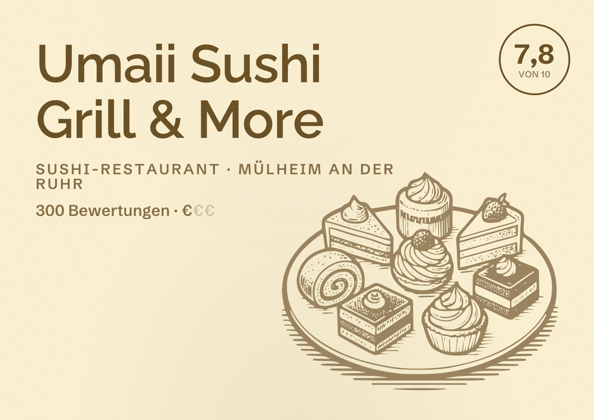 Illustriertes Poster von Umaii Sushi Grill & More, Sushi-Restaurant in Mülheim an der Ruhr: Bewertung 7,8 von 10 aus 300 Bewertungen, Preisniveau €
