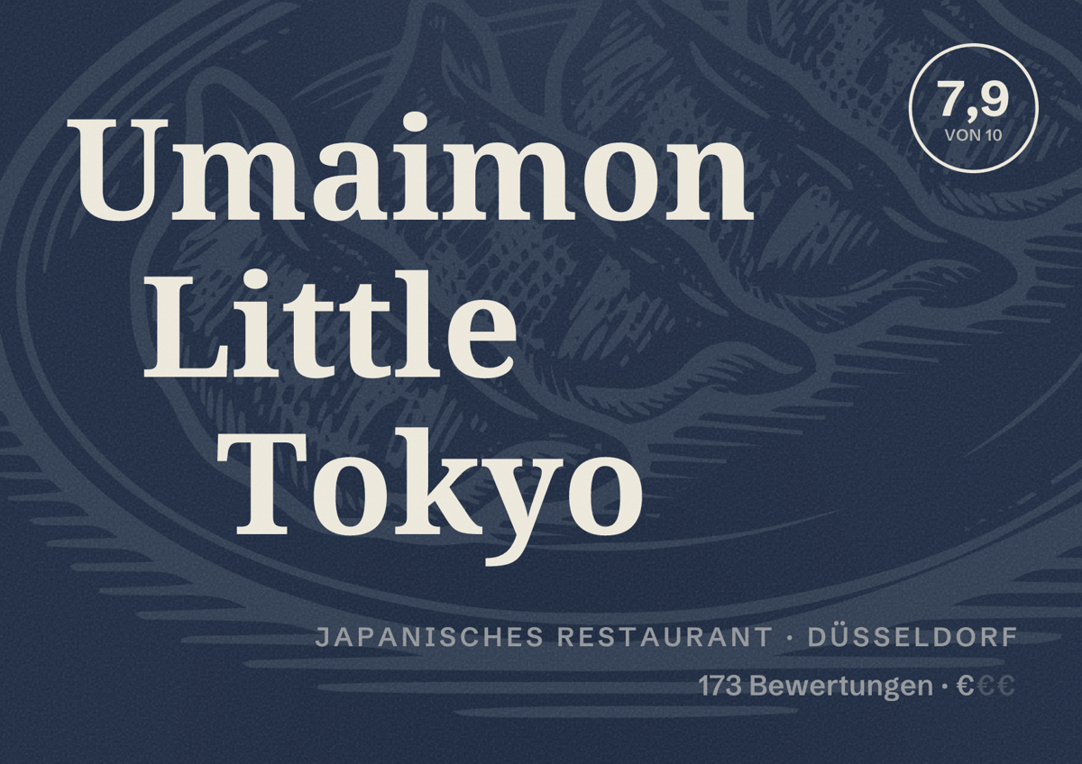 Illustriertes Poster von Umaimon Little Tokyo, Japanisches Restaurant in Düsseldorf: Bewertung 7,9 von 10 aus 173 Bewertungen, Preisniveau €