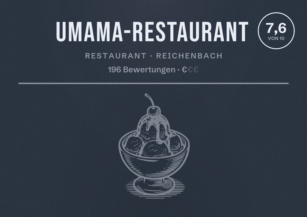 Illustriertes Poster von Umama-Restaurant, Restaurant in Reichenbach: Bewertung 7,6 von 10 aus 196 Bewertungen, Preisniveau €