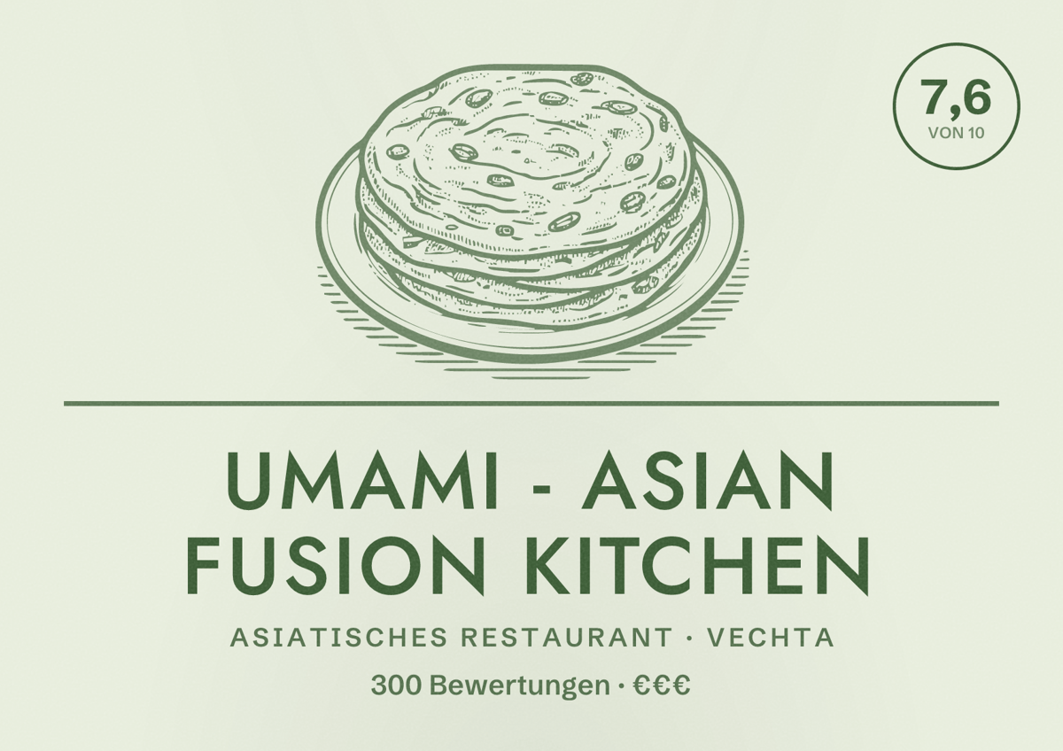 Illustriertes Poster von Umami - Asian Fusion Kitchen, Asiatisches Restaurant in Vechta: Bewertung 7,6 von 10 aus 300 Bewertungen, Preisniveau €€€