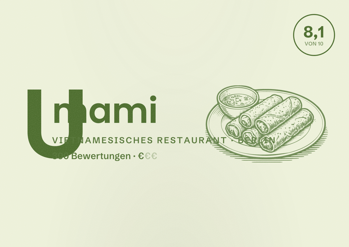 Illustriertes Poster von Umami, Vietnamesisches Restaurant in Berlin: Bewertung 8,1 von 10 aus 300 Bewertungen, Preisniveau €