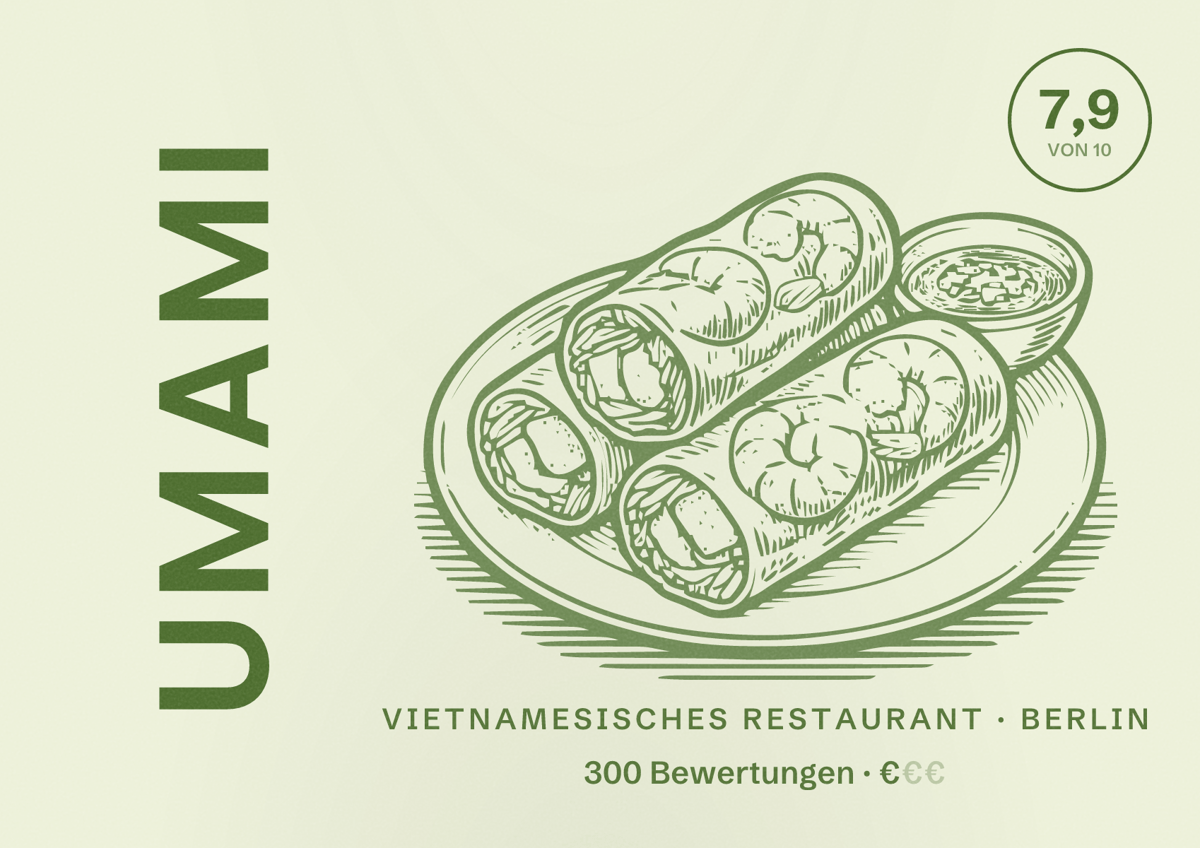 Illustriertes Poster von Umami, Vietnamesisches Restaurant in Berlin: Bewertung 7,9 von 10 aus 300 Bewertungen, Preisniveau €