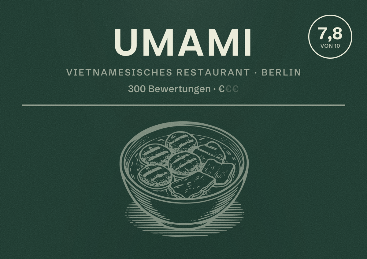 Illustriertes Poster von Umami, Vietnamesisches Restaurant in Berlin: Bewertung 7,8 von 10 aus 300 Bewertungen, Preisniveau €