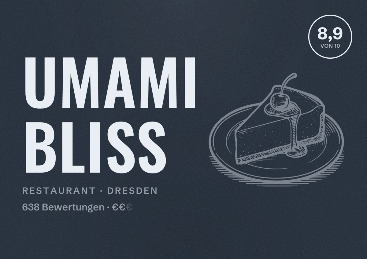 Illustriertes Poster von Umami Bliss, Restaurant in Dresden: Gästebewertung 8,9 von 10 aus 638 Bewertungen