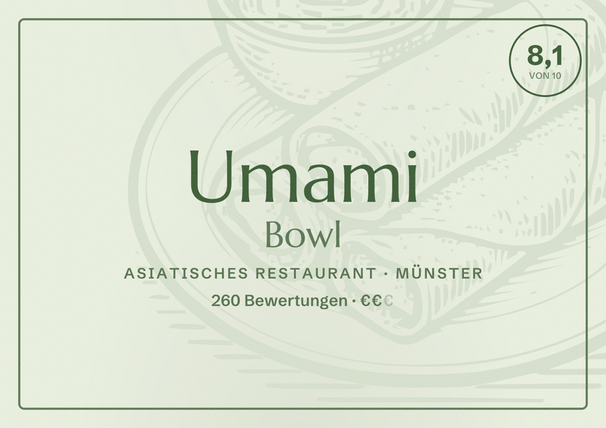 Illustriertes Poster von Umami Bowl, Asiatisches Restaurant in Münster: Bewertung 8,1 von 10 aus 260 Bewertungen, Preisniveau €€