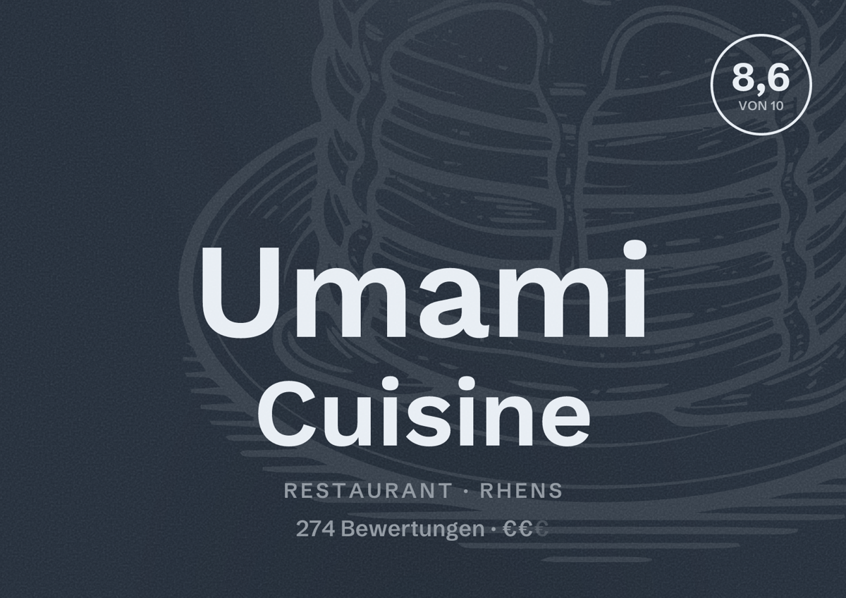 Illustriertes Poster von Umami Cuisine, Restaurant in Rhens: Bewertung 8,6 von 10 aus 274 Bewertungen, Preisniveau €€