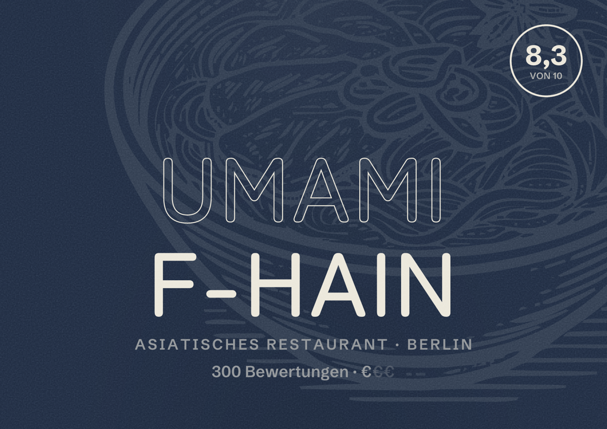 Illustriertes Poster von Umami F-Hain, Asiatisches Restaurant in Berlin: Bewertung 8,3 von 10 aus 300 Bewertungen, Preisniveau €
