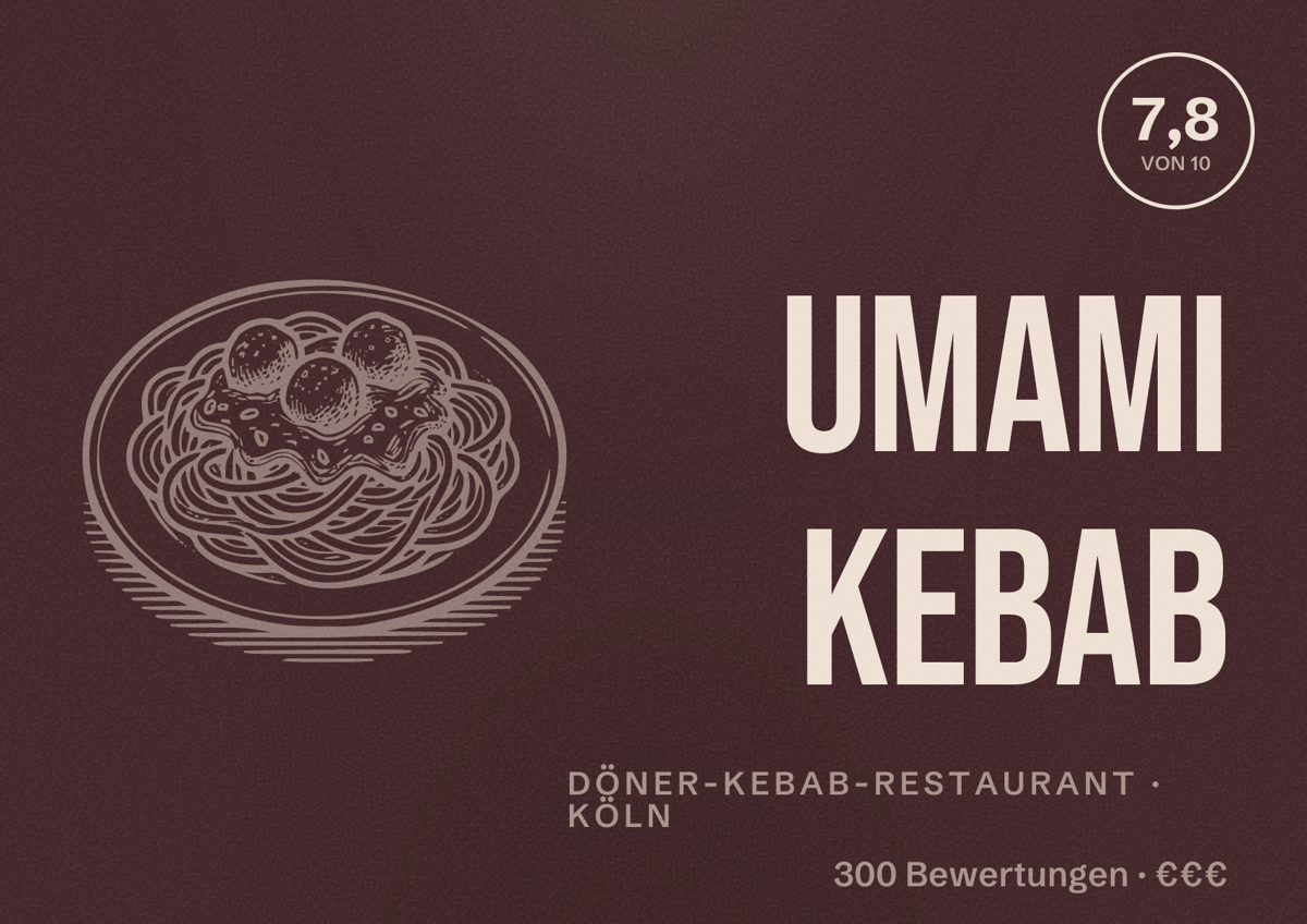 Illustriertes Poster von Umami Kebab, Döner-Kebab-Restaurant in Köln: Bewertung 7,8 von 10 aus 300 Bewertungen, Preisniveau €€€