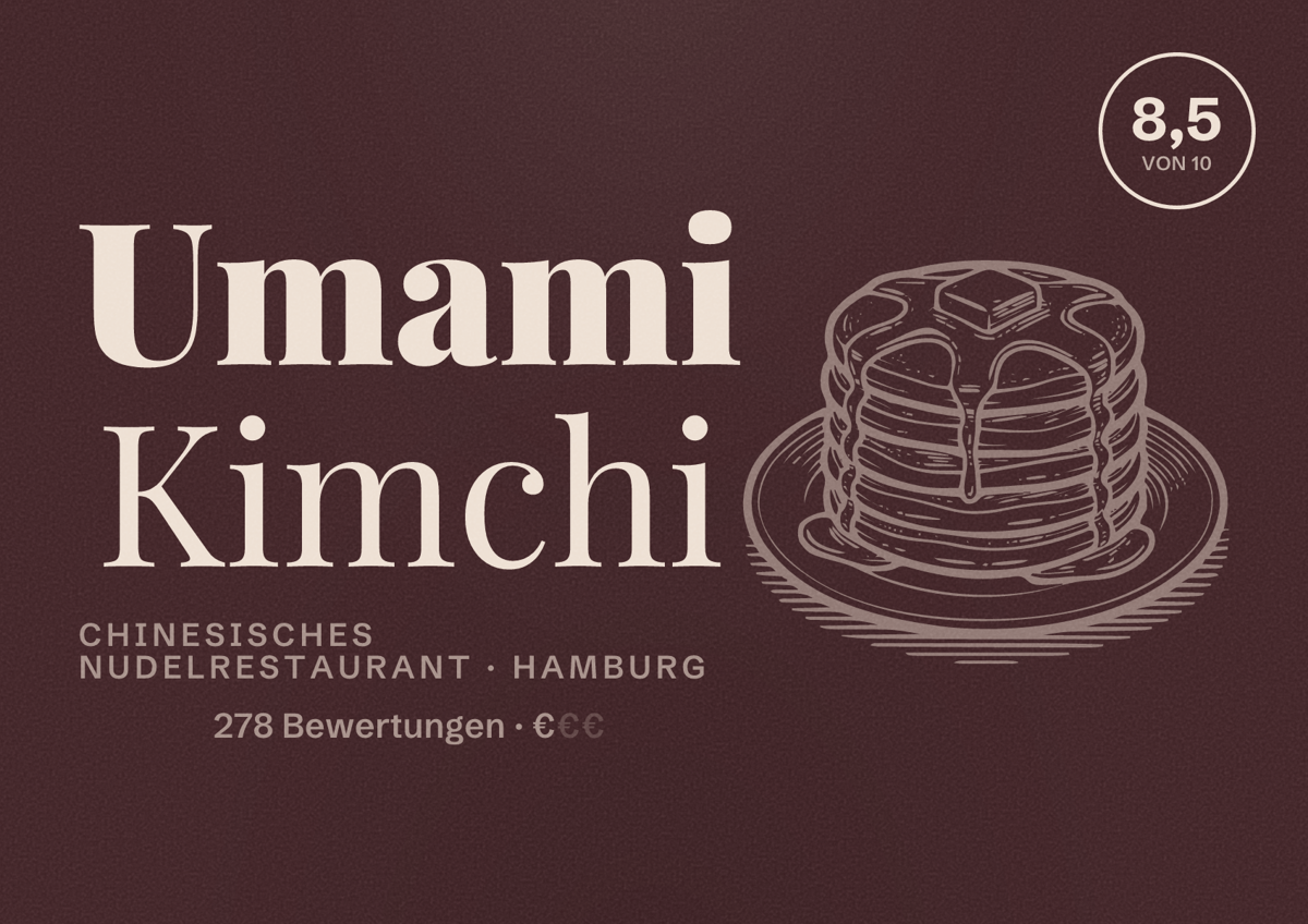 Illustriertes Poster von Umami Kimchi, Chinesisches Nudelrestaurant in Hamburg: Bewertung 8,5 von 10 aus 278 Bewertungen, Preisniveau €