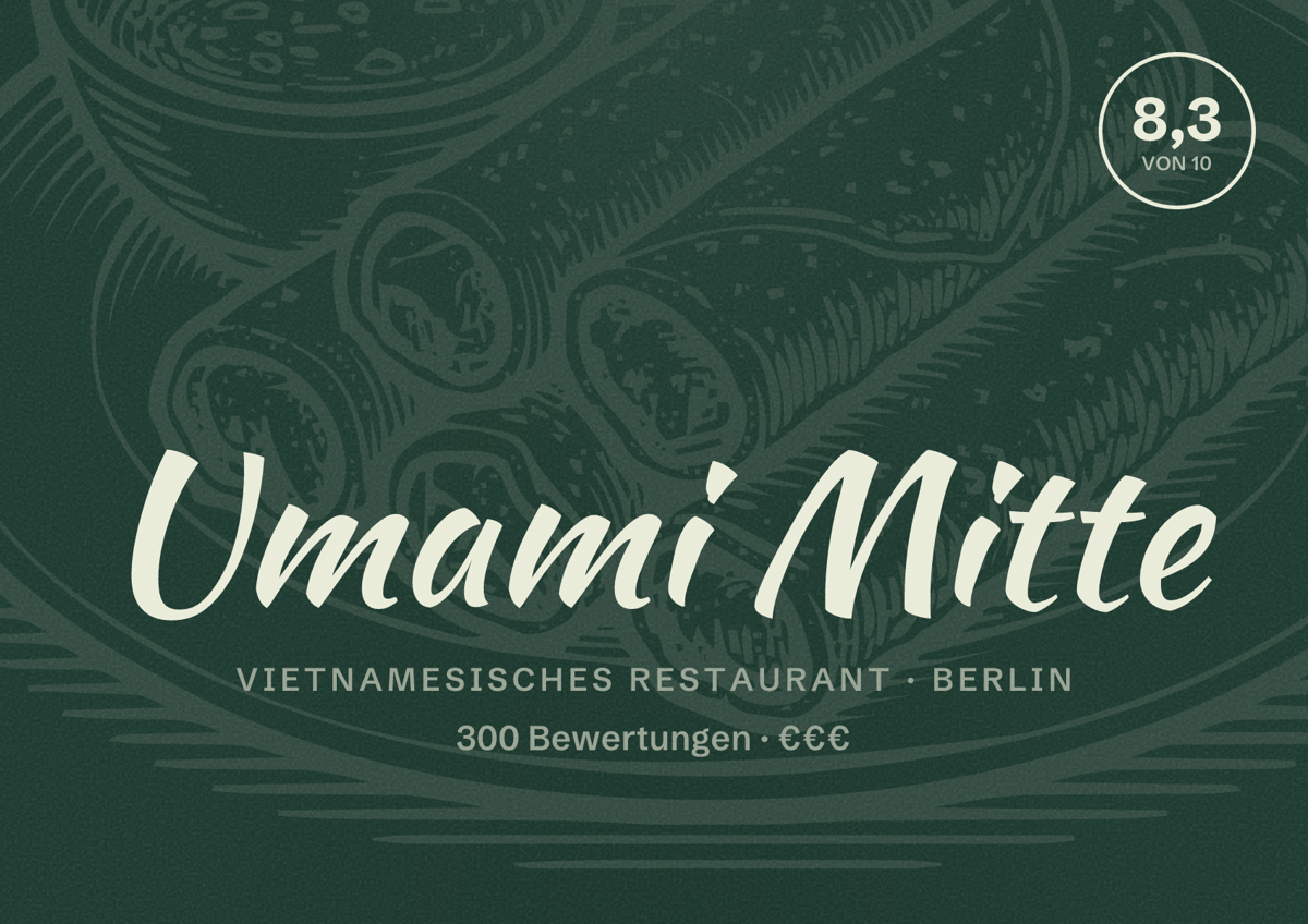 Illustriertes Poster von Umami Mitte, Vietnamesisches Restaurant in Berlin: Bewertung 8,3 von 10 aus 300 Bewertungen, Preisniveau €€€