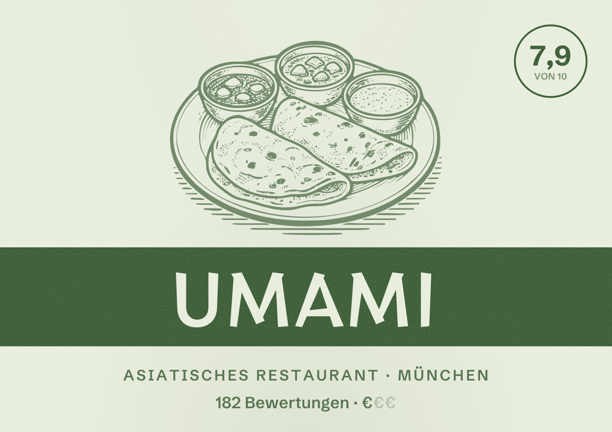 Illustriertes Poster von Umami, Asiatisches Restaurant in München: Bewertung 7,9 von 10 aus 182 Bewertungen, Preisniveau €