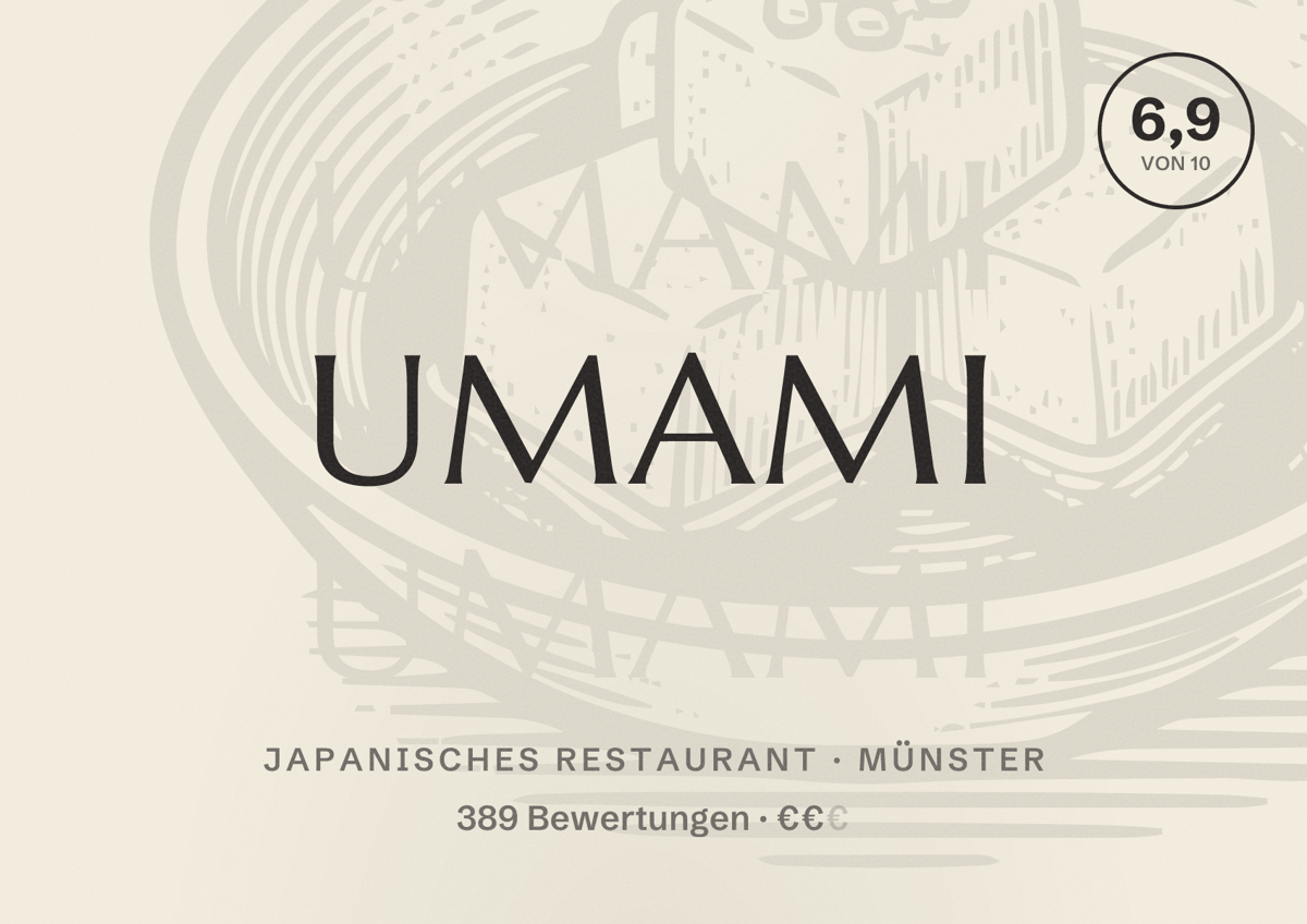 Illustriertes Poster von Umami, Japanisches Restaurant in Münster: Bewertung 6,9 von 10 aus 389 Bewertungen, Preisniveau €€
