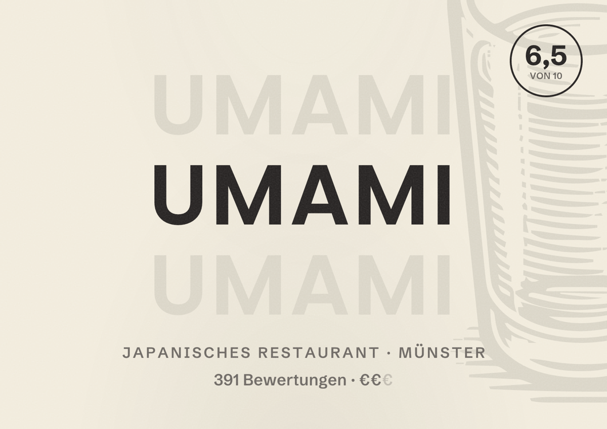Illustriertes Poster von Umami, Japanisches Restaurant in Münster: Bewertung 6,5 von 10 aus 391 Bewertungen, Preisniveau €€