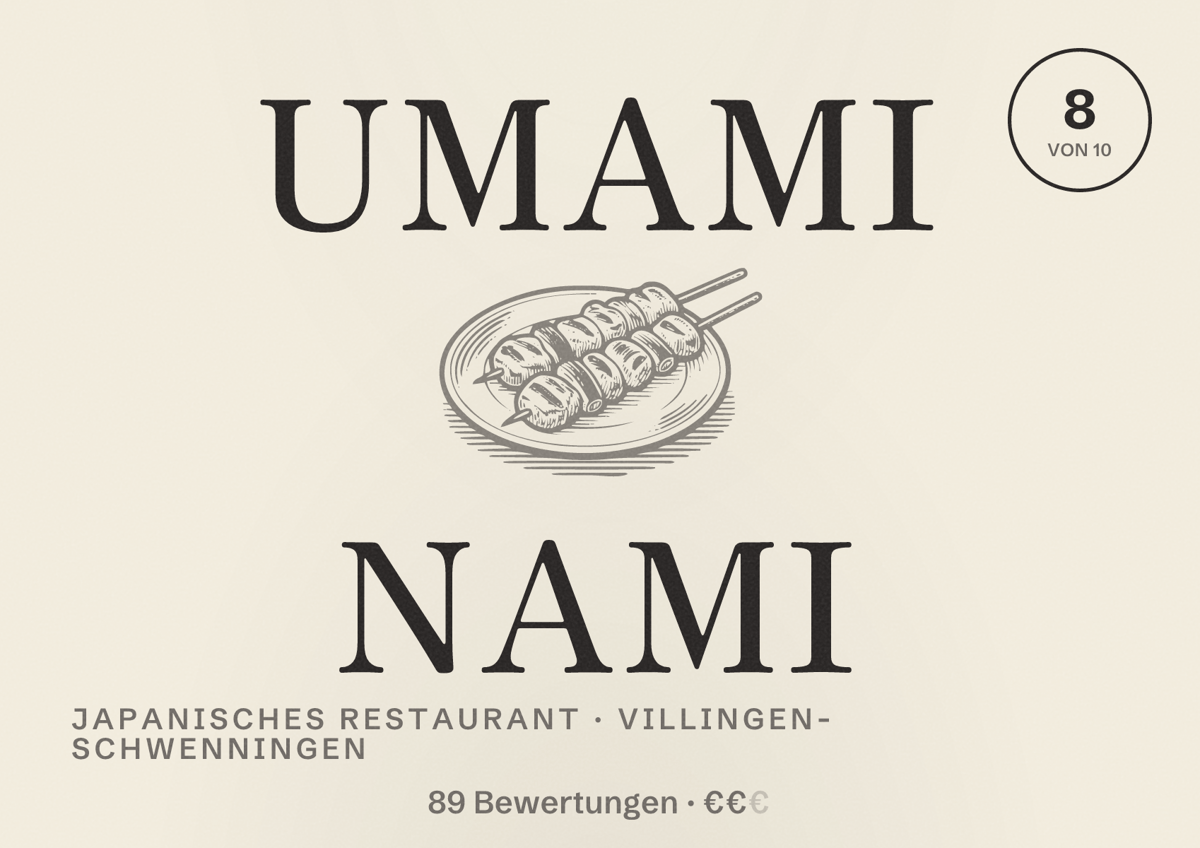 Illustriertes Poster von Umami Nami, Japanisches Restaurant in Villingen-Schwenningen: Bewertung 8 von 10 aus 89 Bewertungen, Preisniveau €€