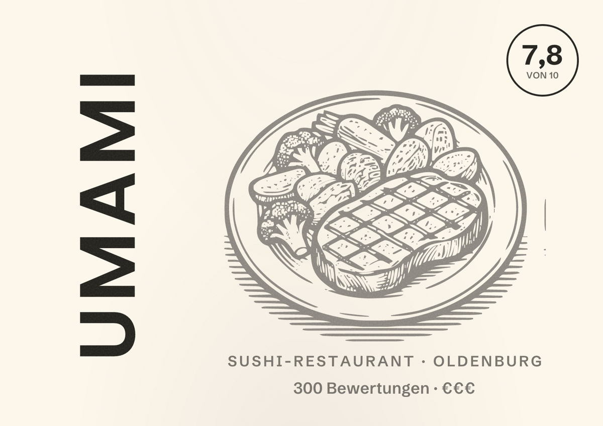 Illustriertes Poster von Umami, Sushi-Restaurant in Oldenburg: Bewertung 7,8 von 10 aus 300 Bewertungen, Preisniveau €€€