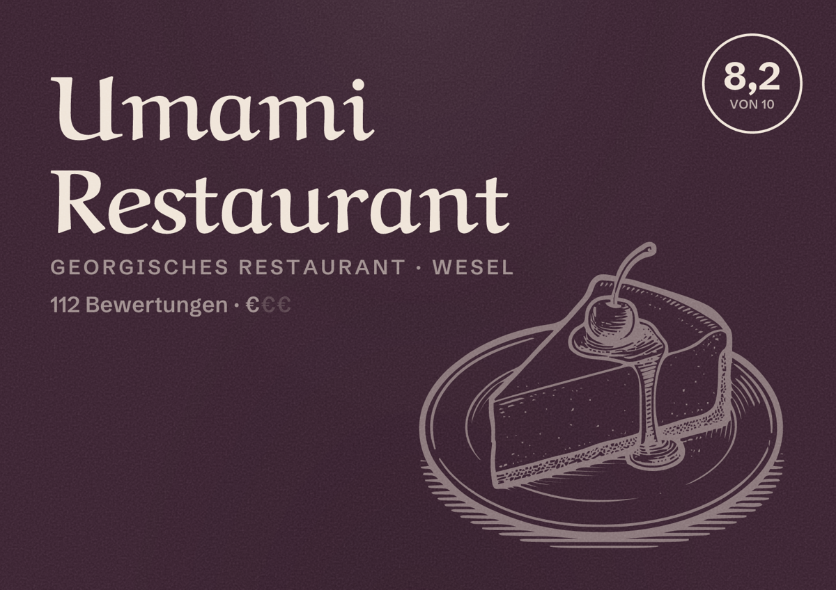 Illustriertes Poster von Umami Restaurant, Georgisches Restaurant in Wesel: Bewertung 8,2 von 10 aus 112 Bewertungen, Preisniveau €