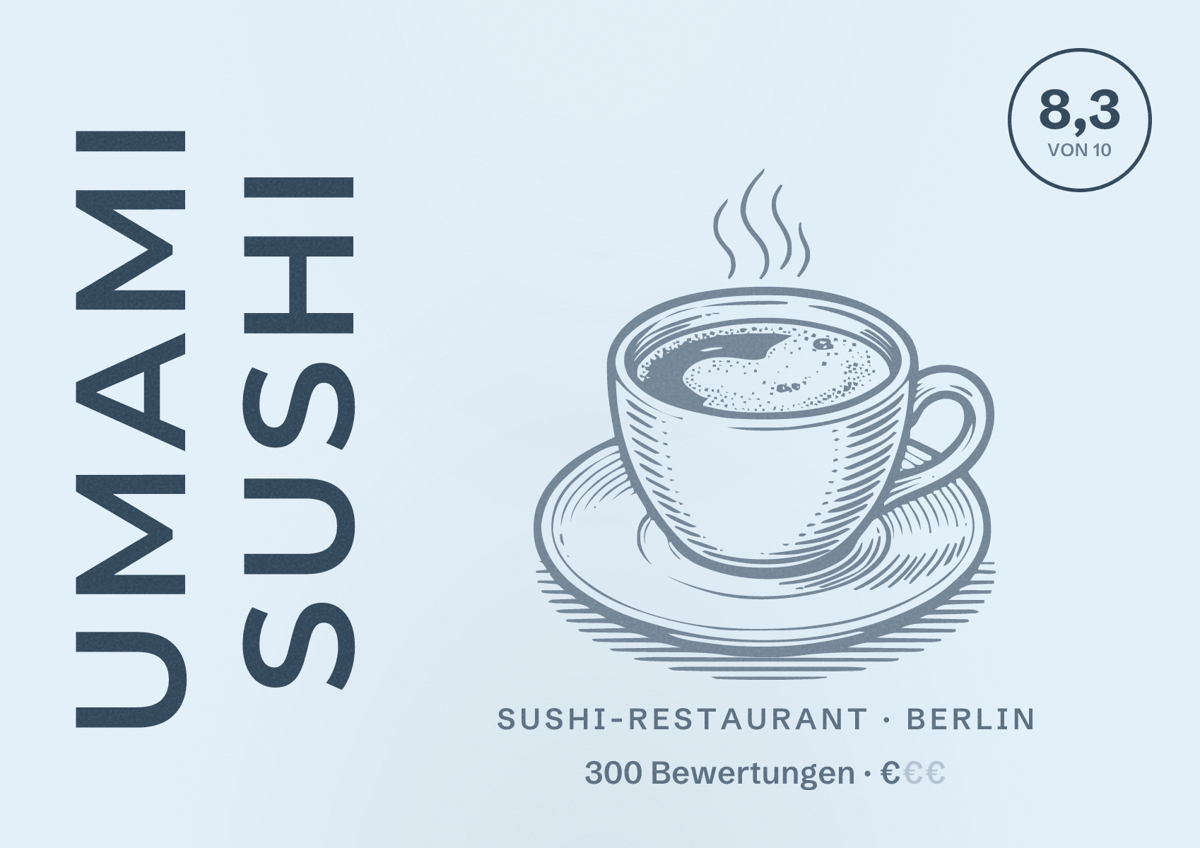 Illustriertes Poster von UMAMI Sushi, Sushi-Restaurant in Berlin: Bewertung 8,3 von 10 aus 300 Bewertungen, Preisniveau €