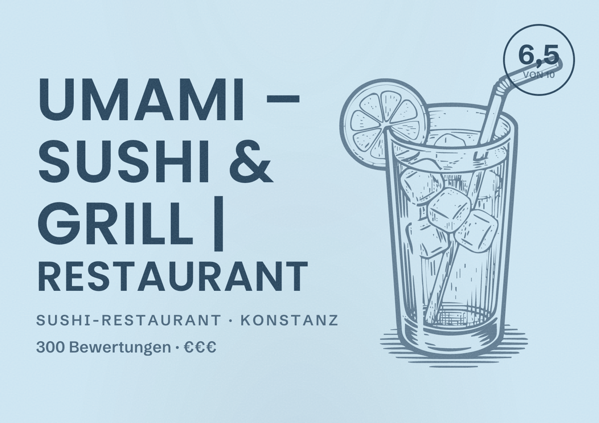 Illustriertes Poster von umami – Sushi & Grill | Restaurant, Sushi-Restaurant in Konstanz: Bewertung 6,5 von 10 aus 300 Bewertungen, Preisniveau €€€