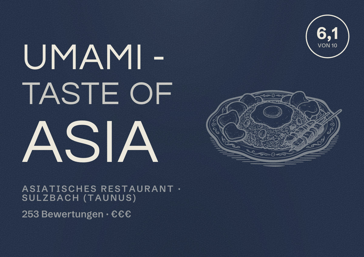 Illustriertes Poster von UMAMI - taste of asia, Asiatisches Restaurant in Sulzbach (Taunus): Bewertung 6,1 von 10 aus 253 Bewertungen, Preisniveau €€€