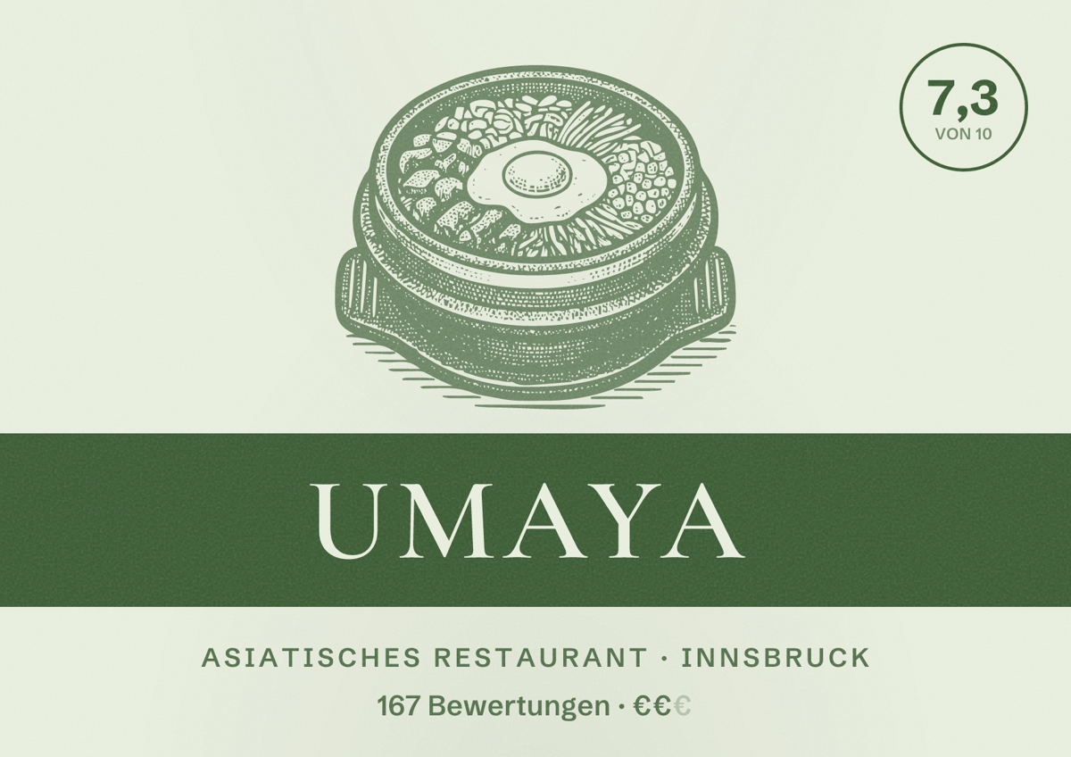 Illustriertes Poster von Umaya, Asiatisches Restaurant in Innsbruck: Bewertung 7,3 von 10 aus 167 Bewertungen, Preisniveau €€