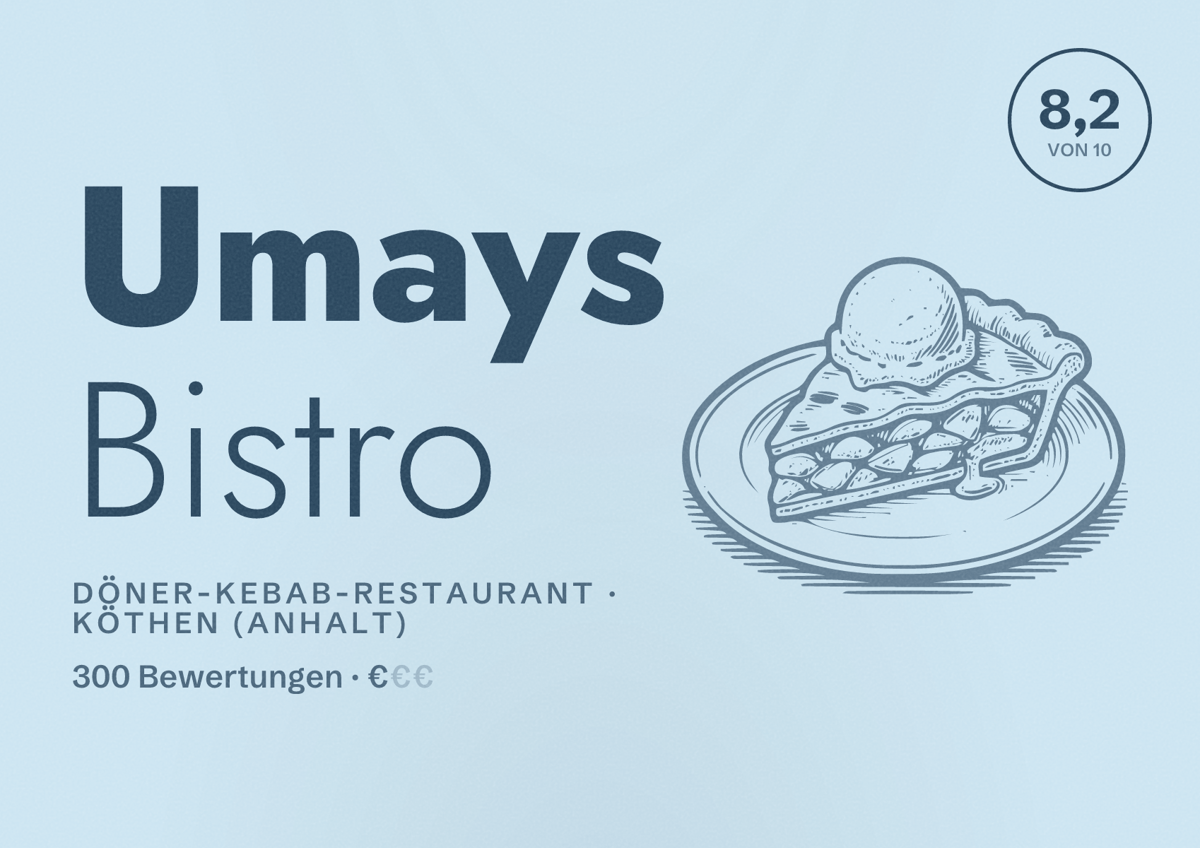 Illustriertes Poster von Umays Bistro, Döner-Kebab-Restaurant in Köthen (Anhalt): Bewertung 8,2 von 10 aus 300 Bewertungen, Preisniveau €