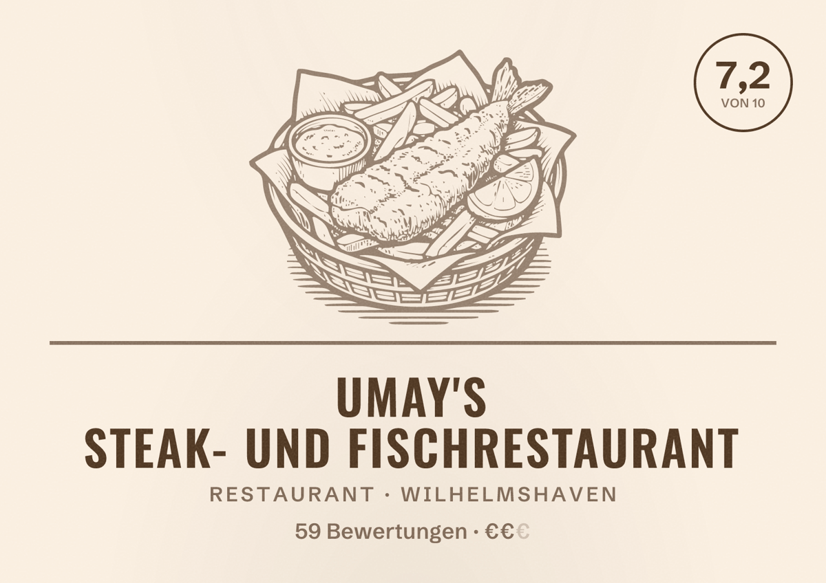 Illustriertes Poster von Umay's Steak- und Fischrestaurant, Restaurant in Wilhelmshaven: Bewertung 7,2 von 10 aus 59 Bewertungen, Preisniveau €€