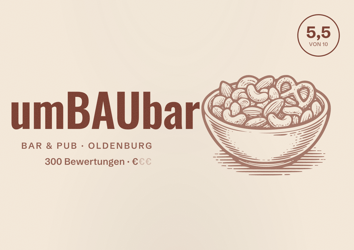 Illustriertes Poster von umBAUbar, Bar & Pub in Oldenburg: Bewertung 5,5 von 10 aus 300 Bewertungen, Preisniveau €