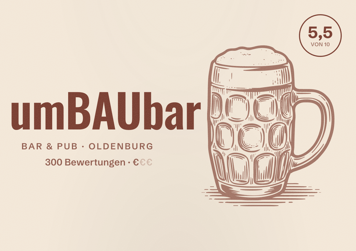 Illustriertes Poster von umBAUbar, Bar & Pub in Oldenburg: Bewertung 5,5 von 10 aus 300 Bewertungen, Preisniveau €
