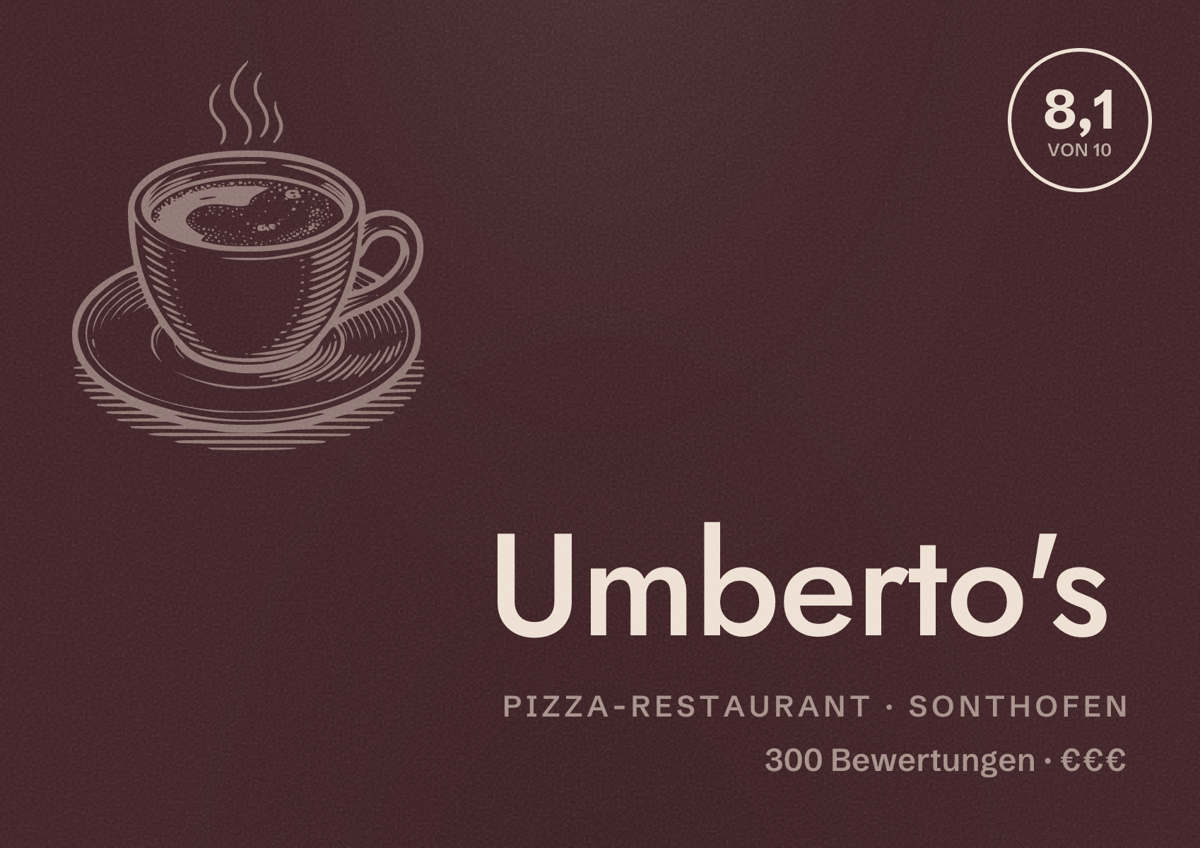 Illustriertes Poster von Umberto's, Pizza-Restaurant in Sonthofen: Bewertung 8,1 von 10 aus 300 Bewertungen, Preisniveau €€€