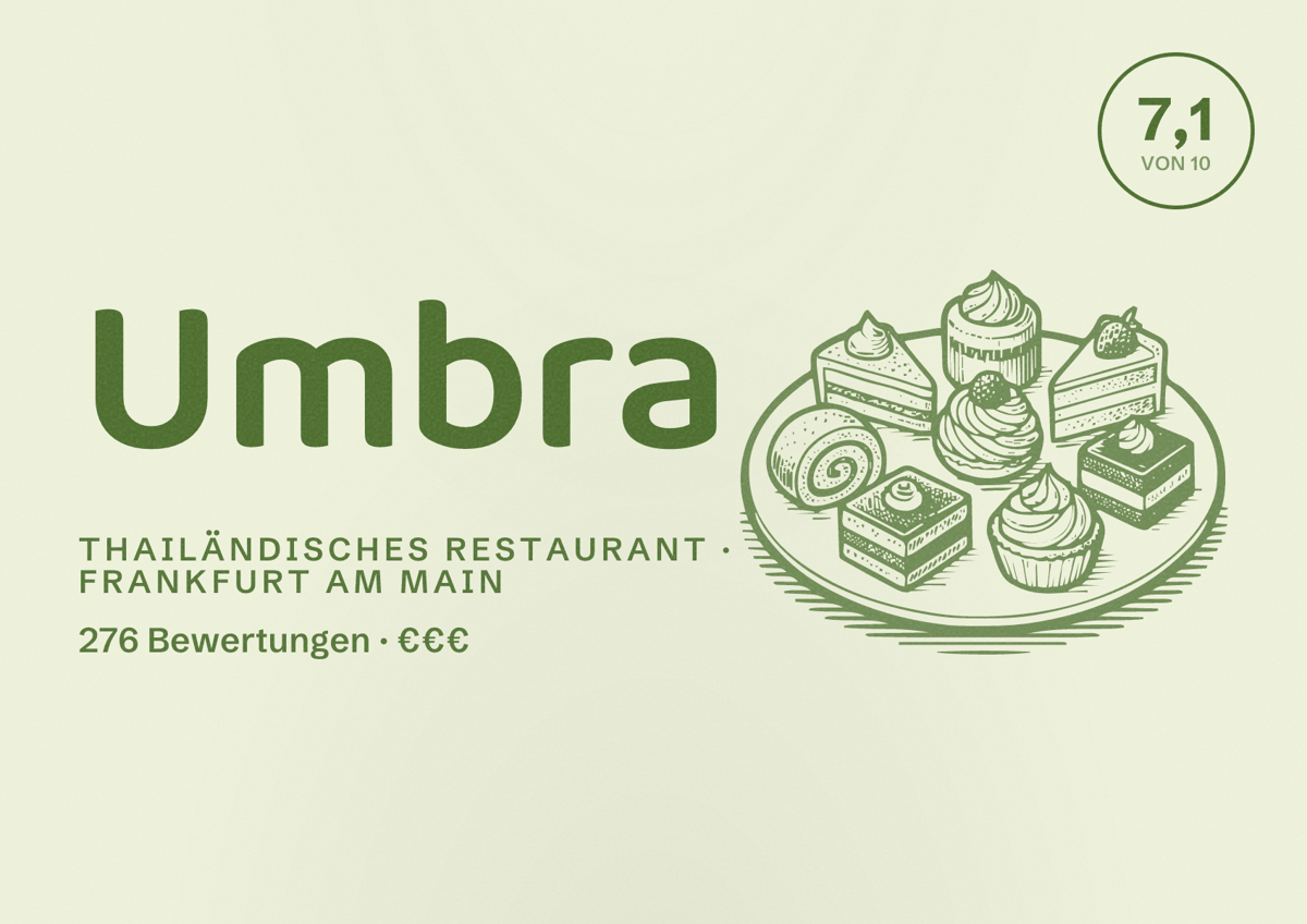 Illustriertes Poster von Umbra, Thailändisches Restaurant in Frankfurt am Main: Bewertung 7,1 von 10 aus 276 Bewertungen, Preisniveau €€€