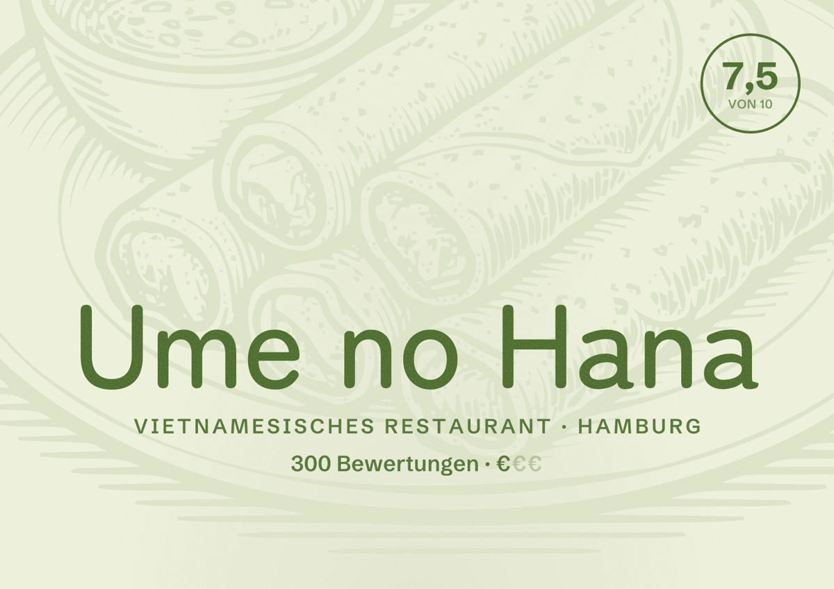 Illustriertes Poster von Ume no Hana, Vietnamesisches Restaurant in Hamburg: Bewertung 7,5 von 10 aus 300 Bewertungen, Preisniveau €
