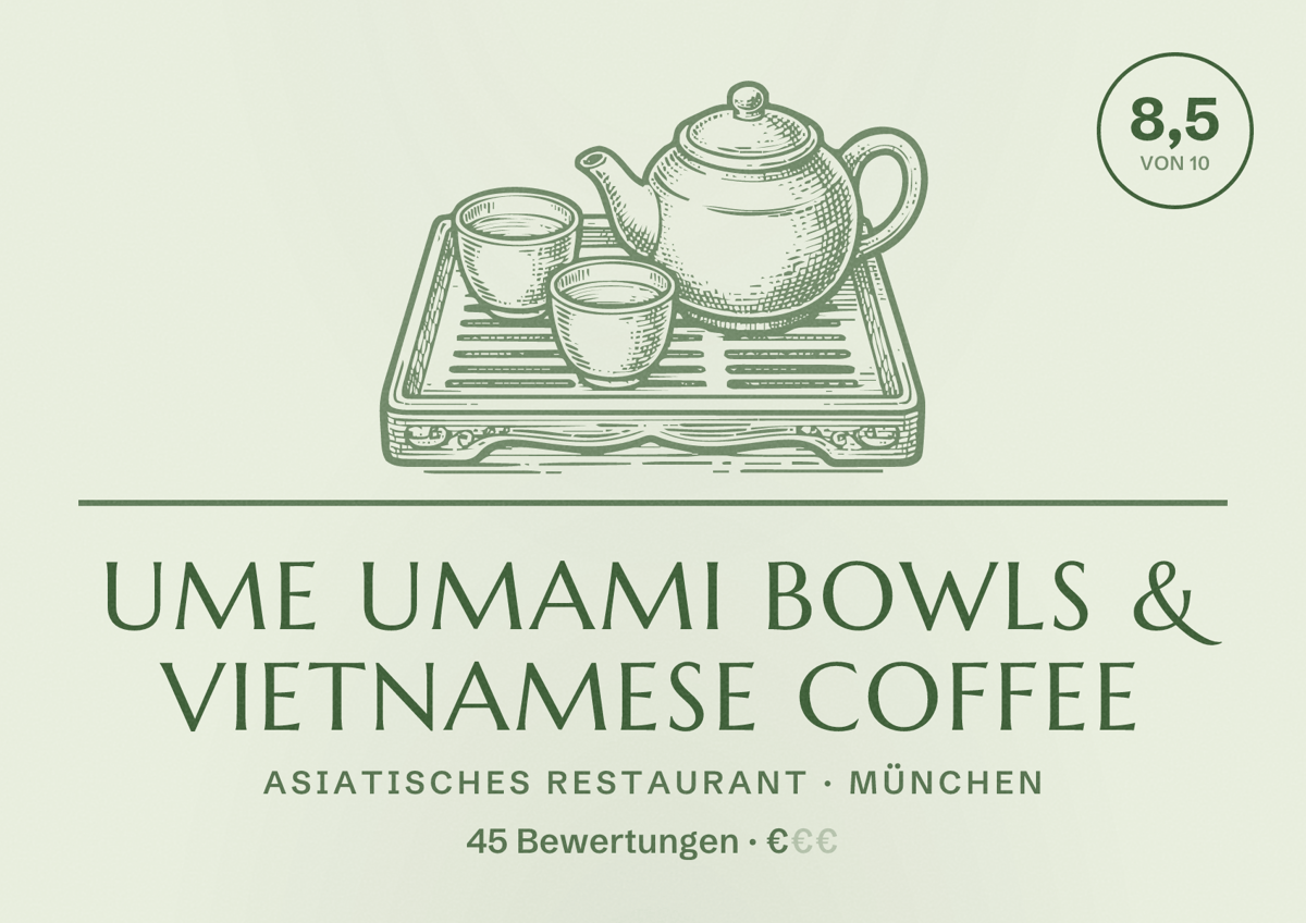 Illustriertes Poster von UME Umami Bowls & Vietnamese Coffee, Asiatisches Restaurant in München: Bewertung 8,5 von 10 aus 45 Bewertungen, Preisniveau €