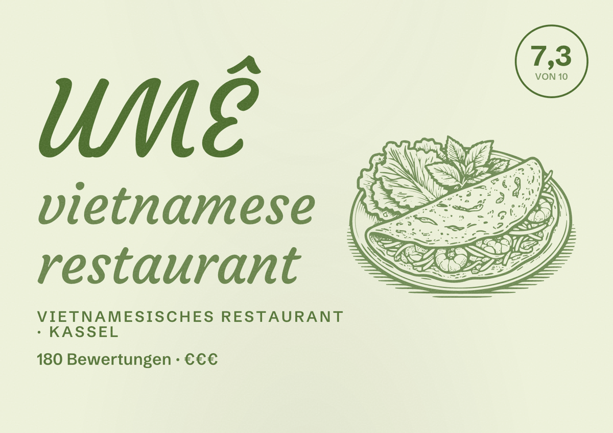 Illustriertes Poster von UMÊ vietnamese restaurant, Vietnamesisches Restaurant in Kassel: Bewertung 7,3 von 10 aus 180 Bewertungen, Preisniveau €€€