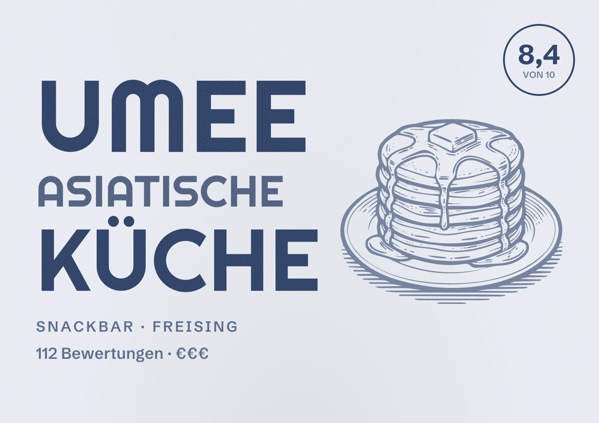 Illustriertes Poster von Umee asiatische Küche, Snackbar in Freising: Bewertung 8,4 von 10 aus 112 Bewertungen, Preisniveau €€€