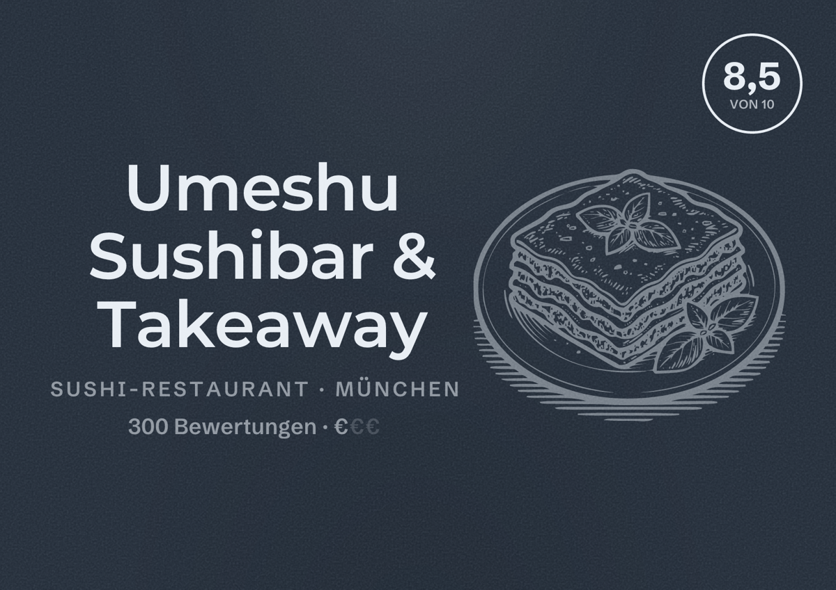 Illustriertes Poster von Umeshu Sushibar & Takeaway, Sushi-Restaurant in München: Bewertung 8,5 von 10 aus 300 Bewertungen, Preisniveau €