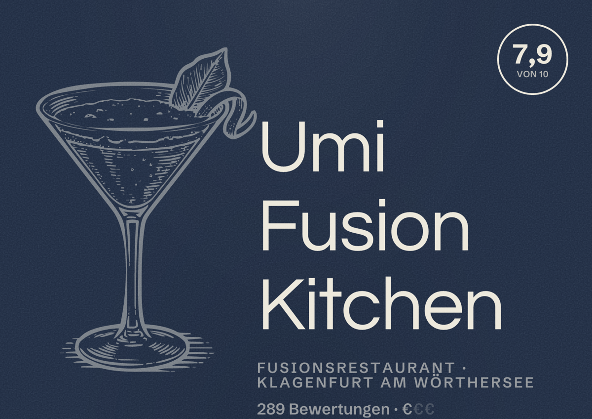 Illustriertes Poster von Umi Fusion Kitchen, Fusionsrestaurant in Klagenfurt am Wörthersee: Bewertung 7,9 von 10 aus 289 Bewertungen, Preisniveau €